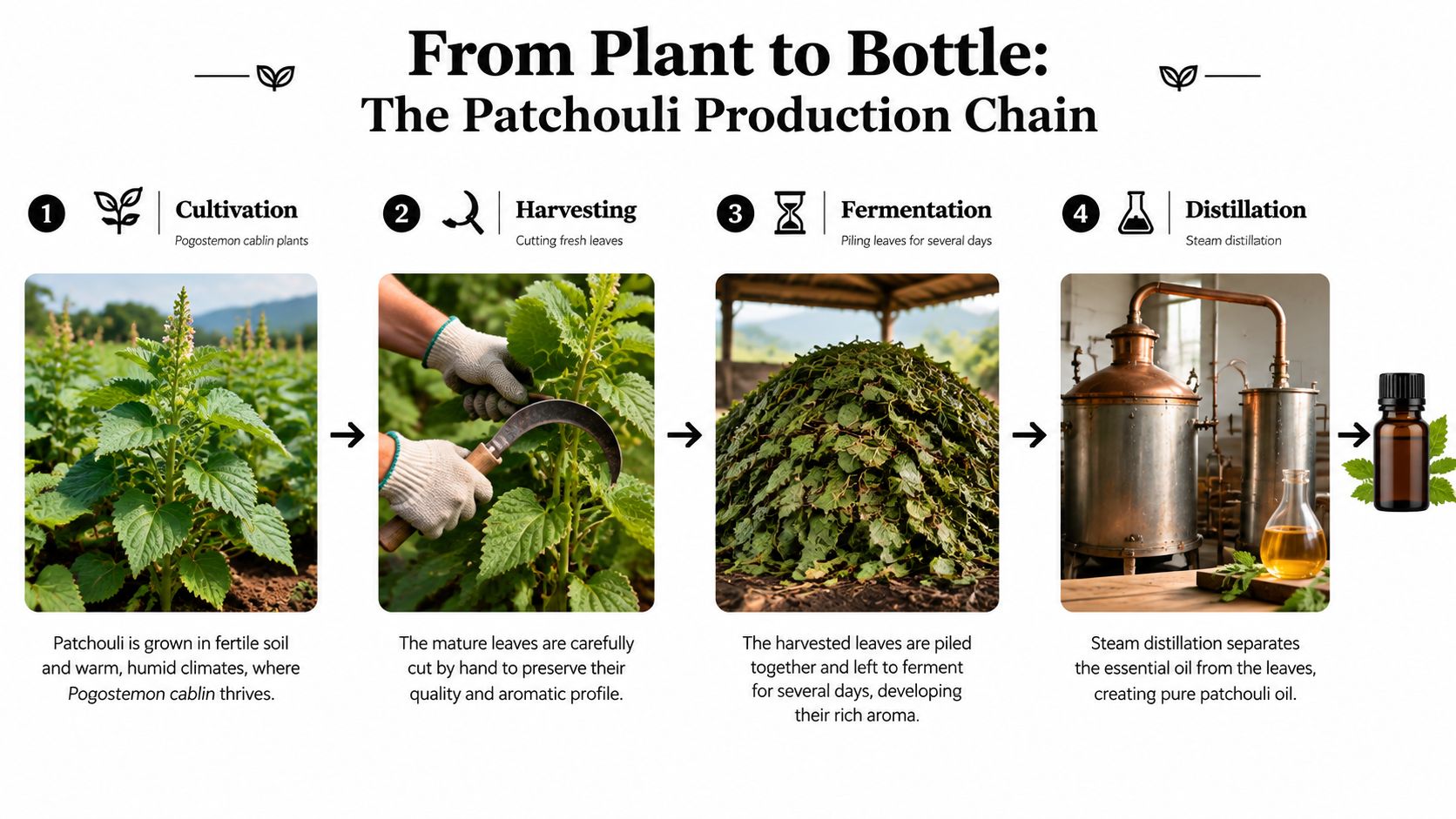 A four-step infographic illustrating the patchouli fragrance oil production process from plant cultivation to distillation.