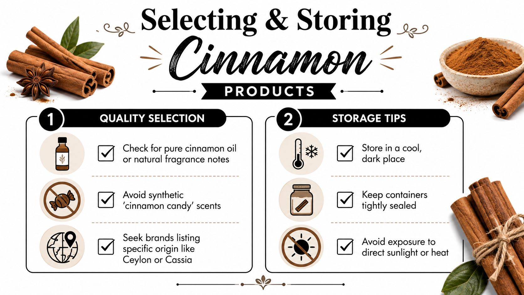 An infographic titled Selecting and Storing Cinnamon Products with tips on quality selection and proper storage methods.