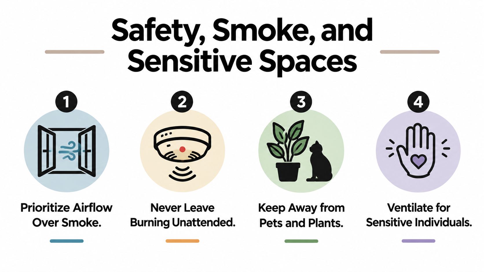 A safety infographic showing four steps for using incense, including ventilation, supervision, and pet safety.