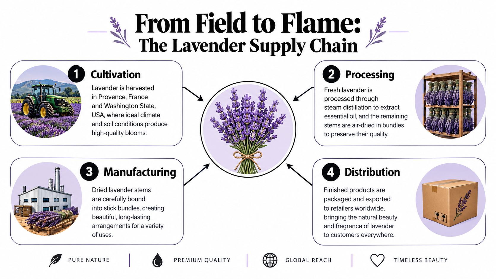 A professional infographic illustrating the lavender supply chain from cultivation, processing, and manufacturing to global distribution.