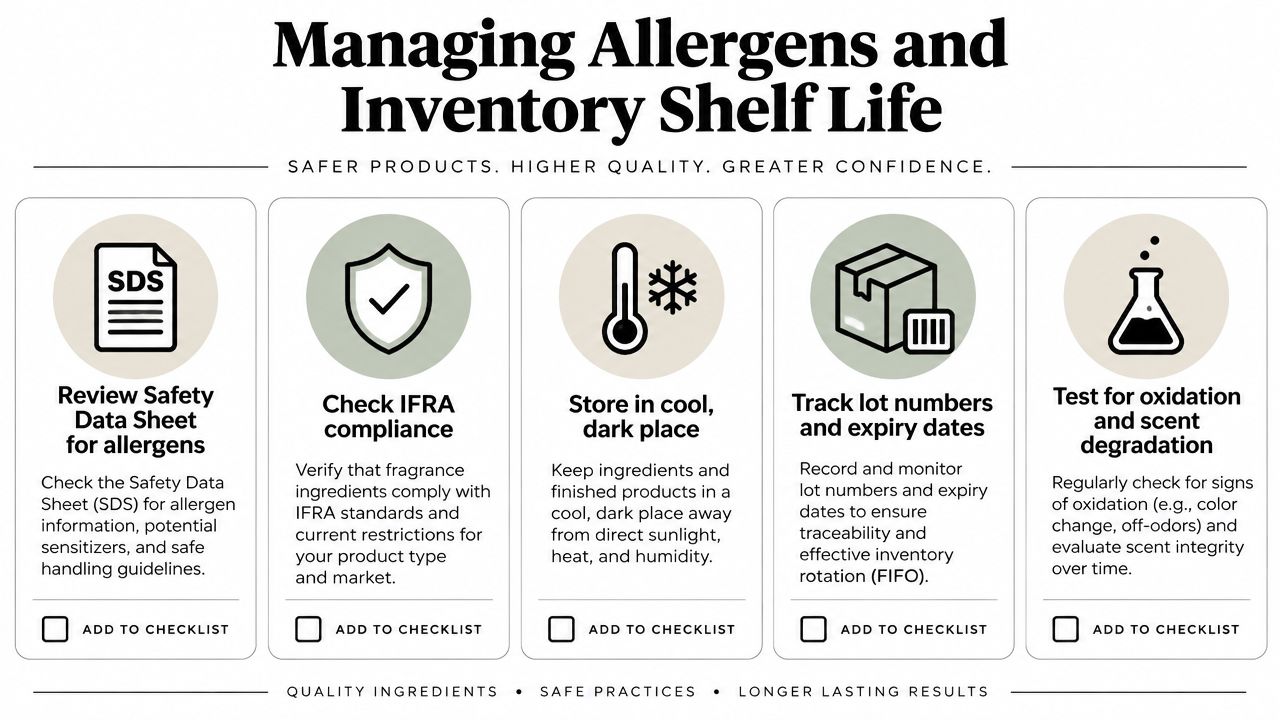An infographic detailing five best practices for managing fragrance allergens and inventory shelf life in products.