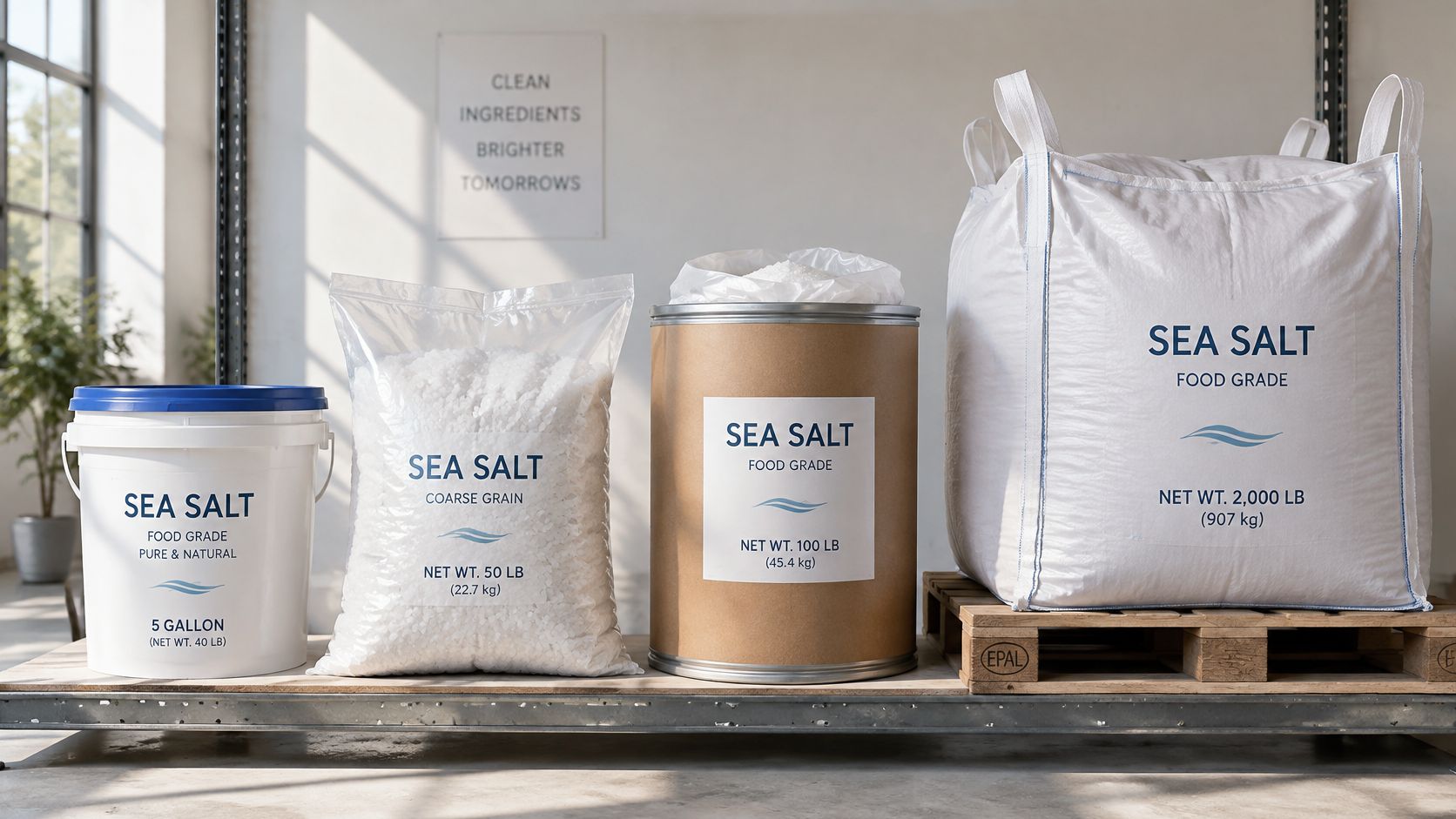 Various sizes of sea salt packaging including buckets, bags, and barrels displayed on a warehouse shelf.