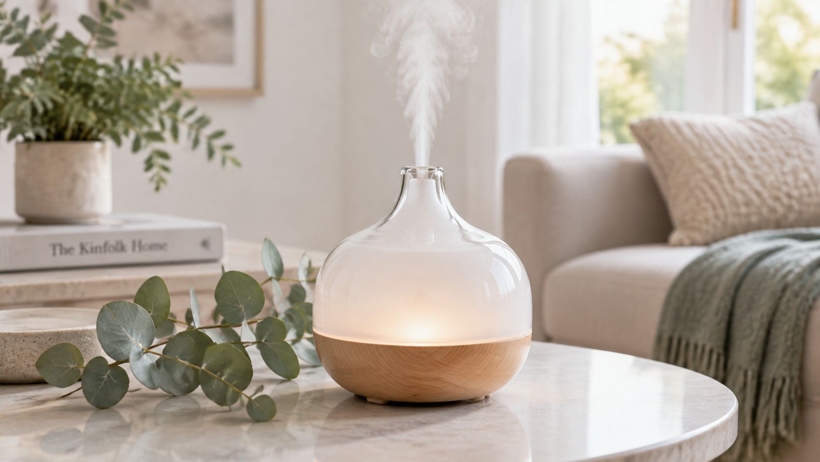 A glass aroma diffuser emits mist onto a marble table next to a sprig of green eucalyptus leaves.