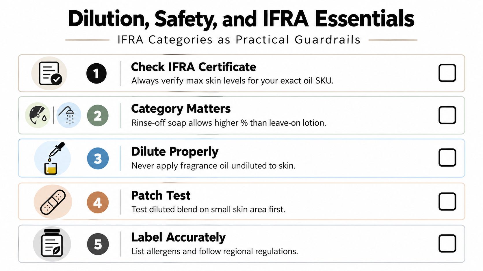 A checklist infographic titled Dilution, Safety, and IFRA Essentials, illustrating five key fragrance safety practices.