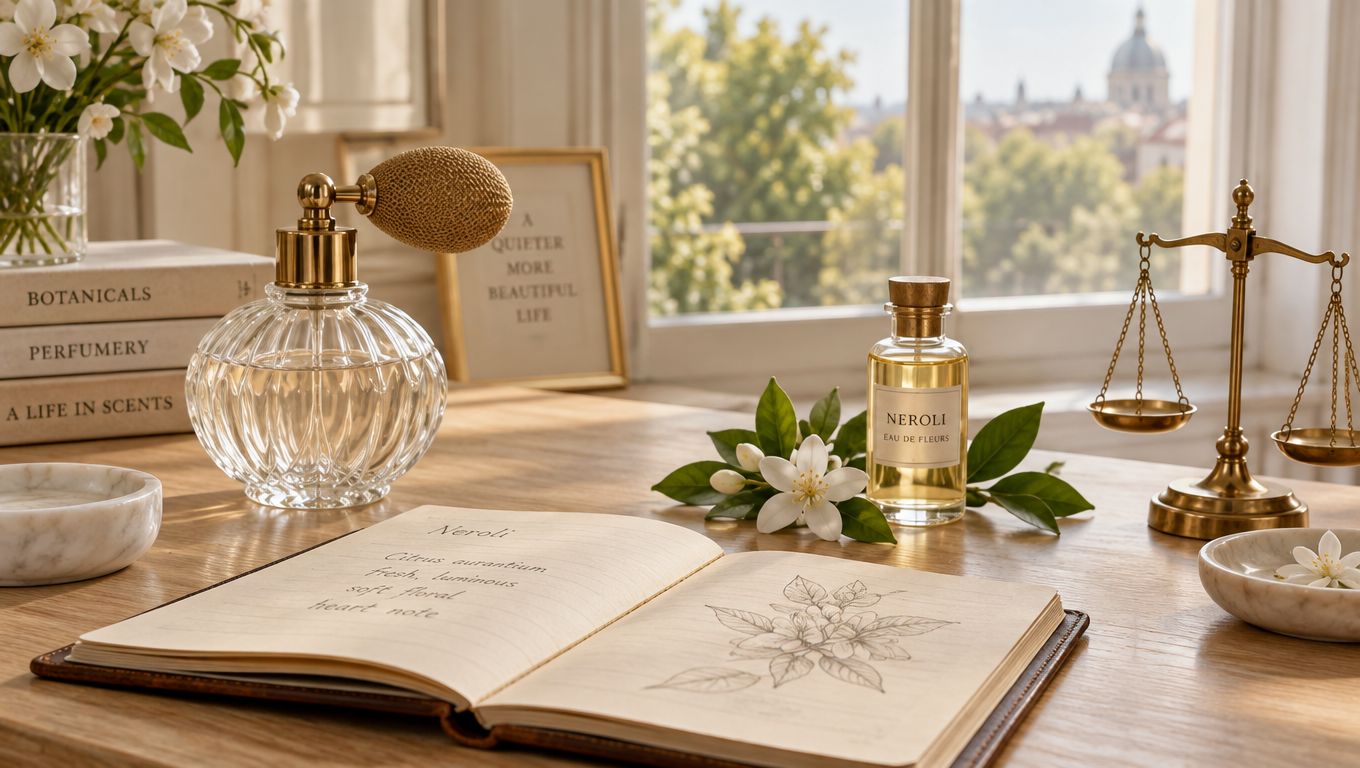 An elegant desk featuring a Neroli perfume bottle, an open botanical journal, and white orange blossoms.