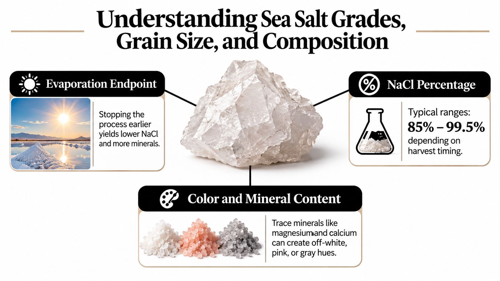 An educational infographic detailing how evaporation, mineral content, and purity affect different grades of sea salt.