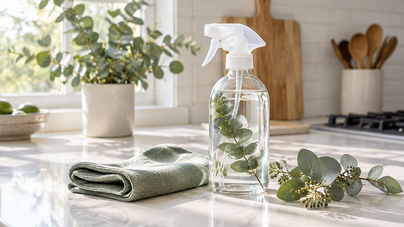 A clear spray bottle with a eucalyptus branch inside, a folded cleaning cloth, and fresh eucalyptus leaves.
