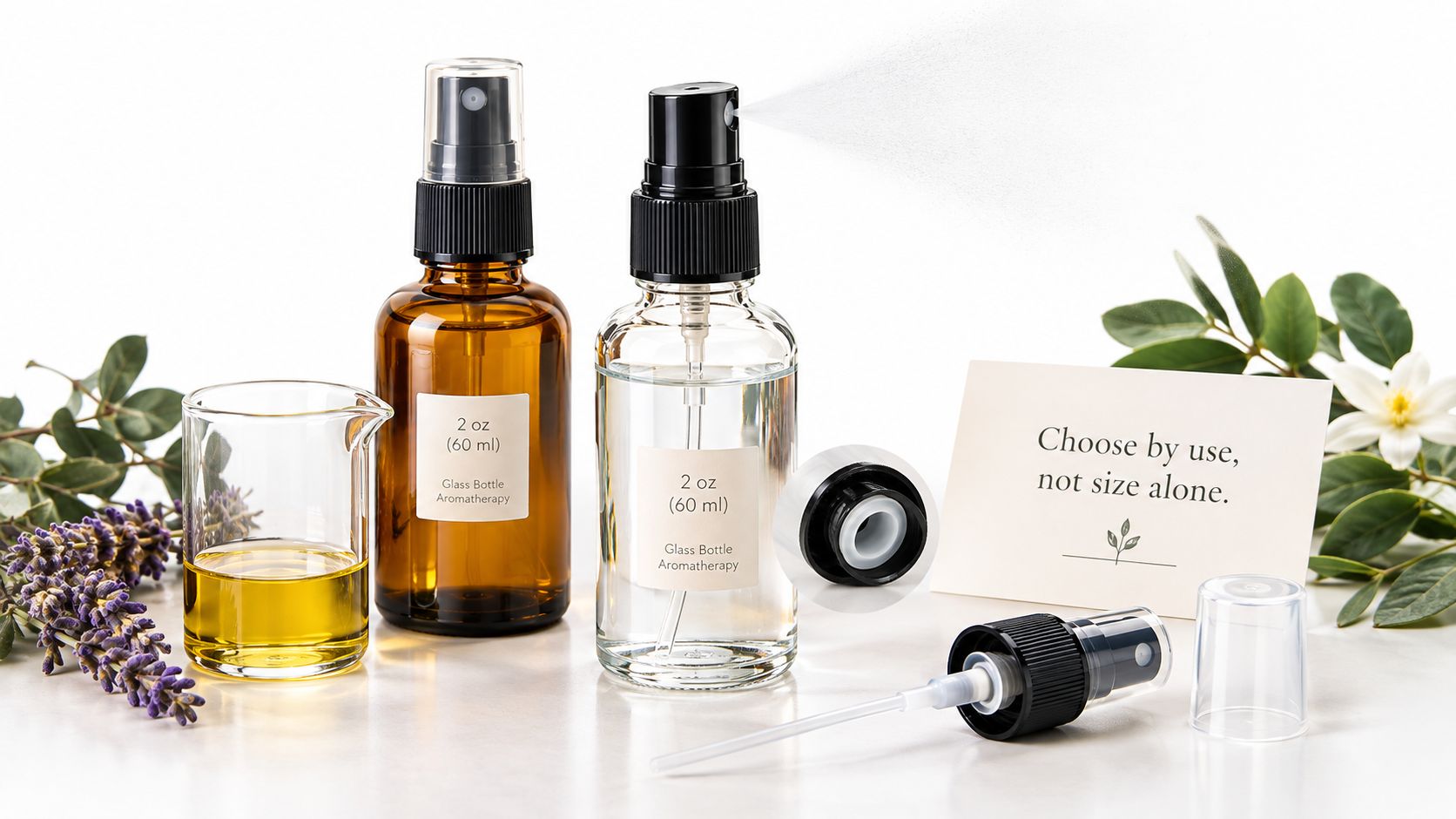 Two 2 oz glass spray bottles with lavender and a sign about choosing by use.