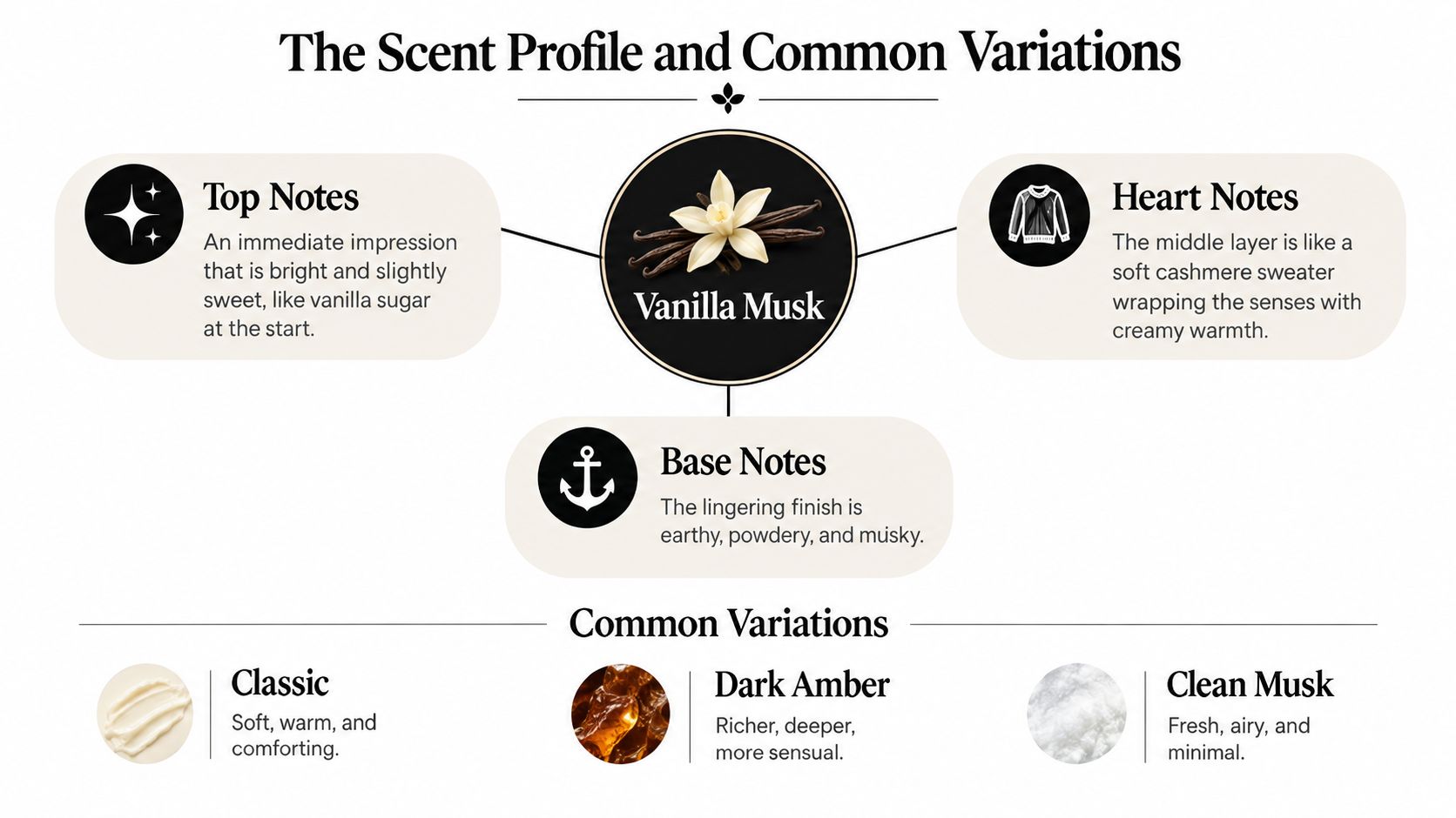An infographic detailing the scent profile of vanilla musk, including top, heart, and base notes with common variations.