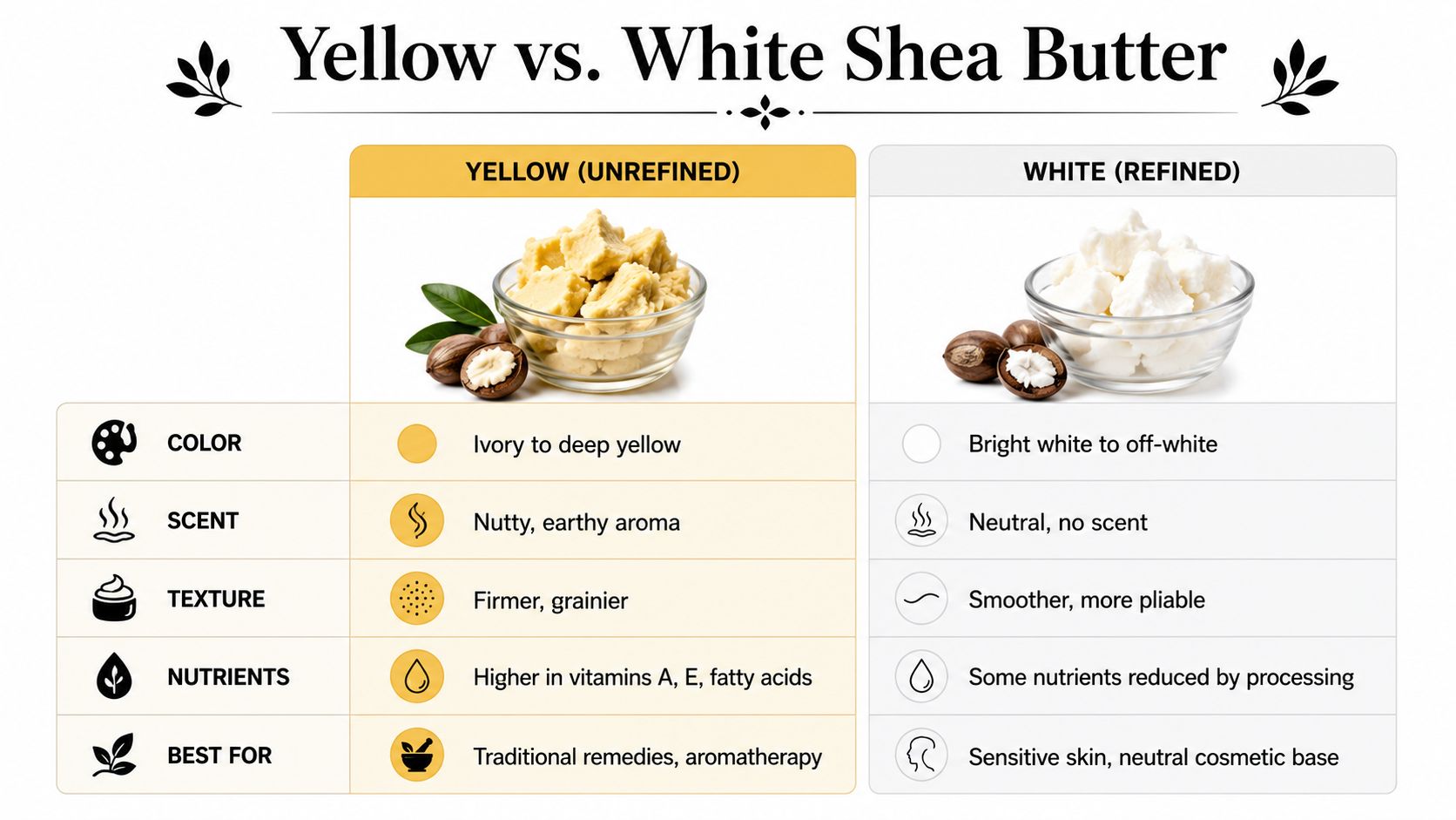 A comparison chart showing the differences between raw yellow shea butter and refined white shea butter.