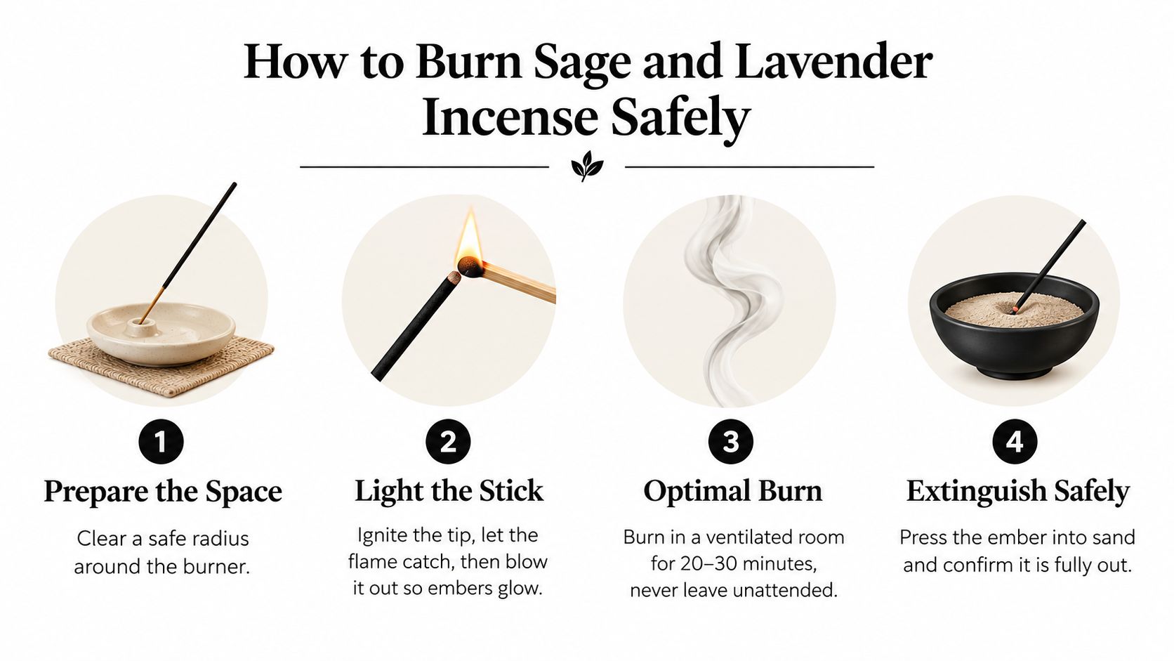A four-step infographic illustrating how to safely burn sage and lavender incense sticks in a home setting.
