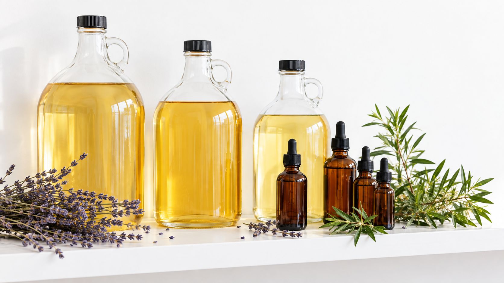 Several glass bottles filled with essential oils displayed on a shelf with fresh lavender and green foliage.