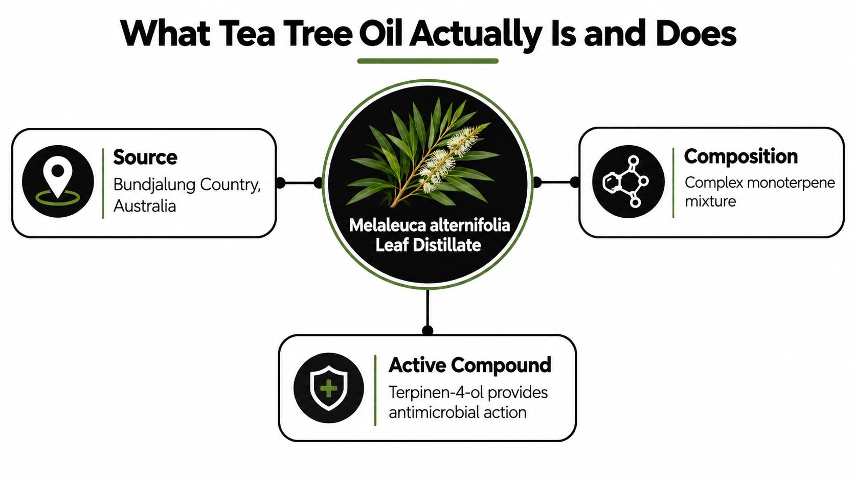 An infographic titled What Tea Tree Oil Actually Is describing its source, chemical composition, and active compound.
