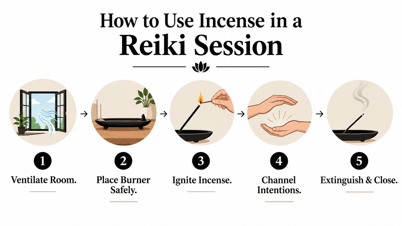 A five-step guide illustrated with icons showing how to use incense during a Reiki session.