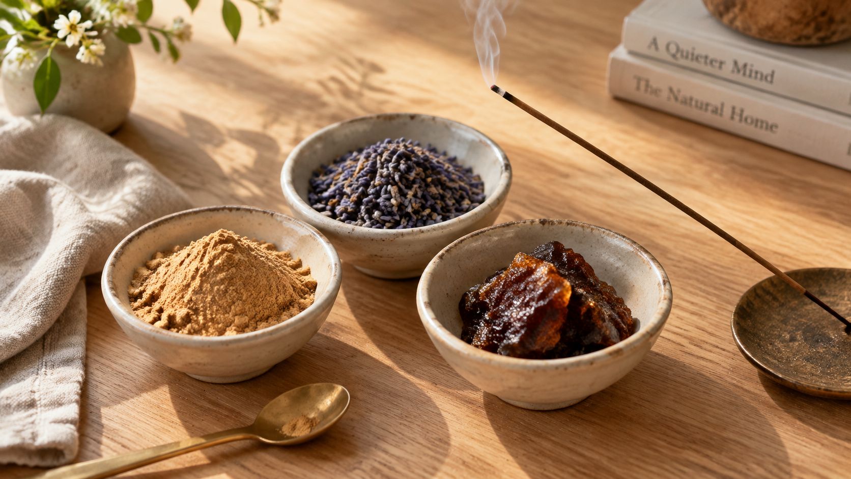 Three small bowls containing herbal incense ingredients with a burning incense stick on a wooden table.