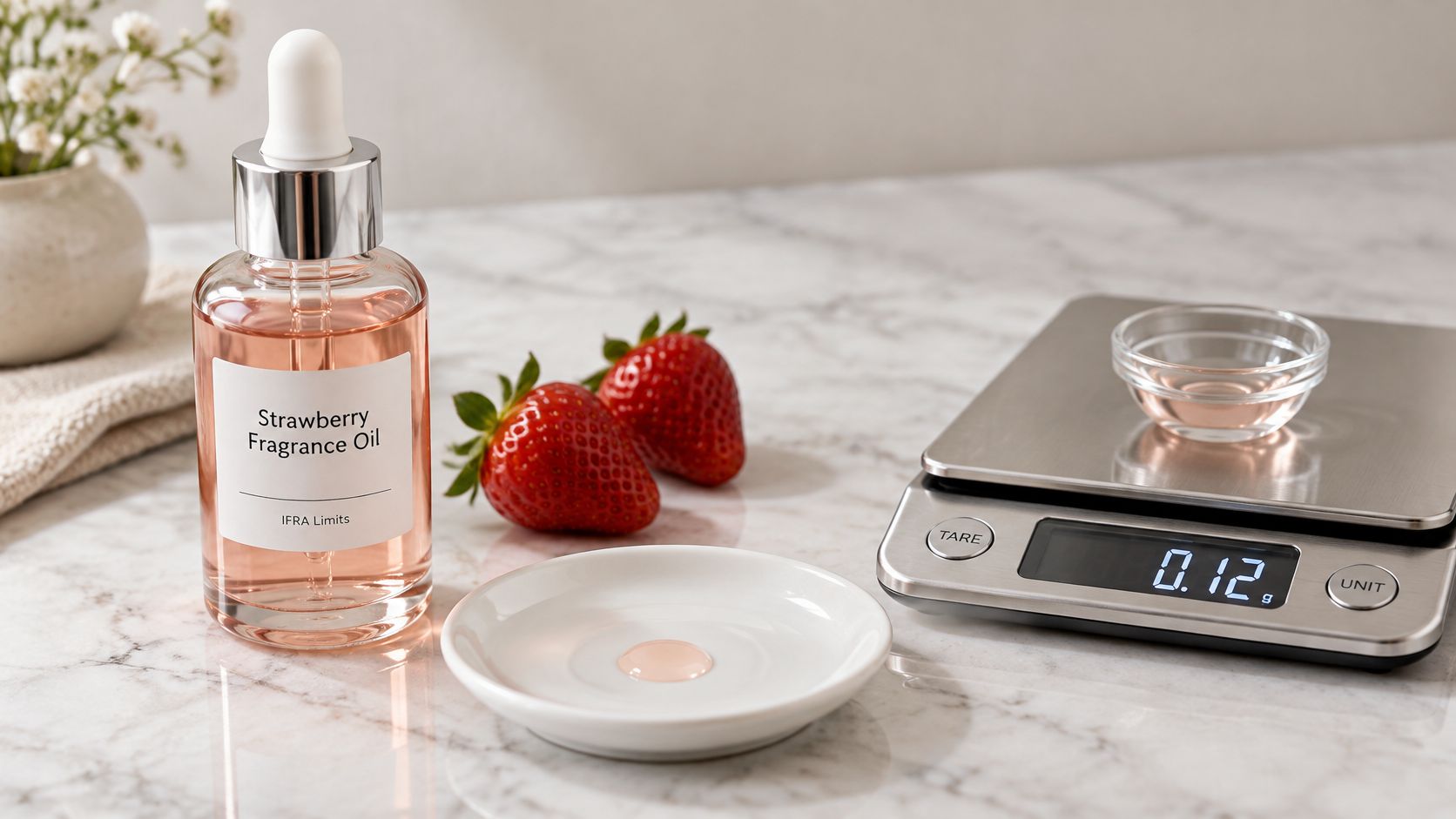 A bottle of strawberry fragrance oil next to fresh strawberries and a digital scale on marble.
