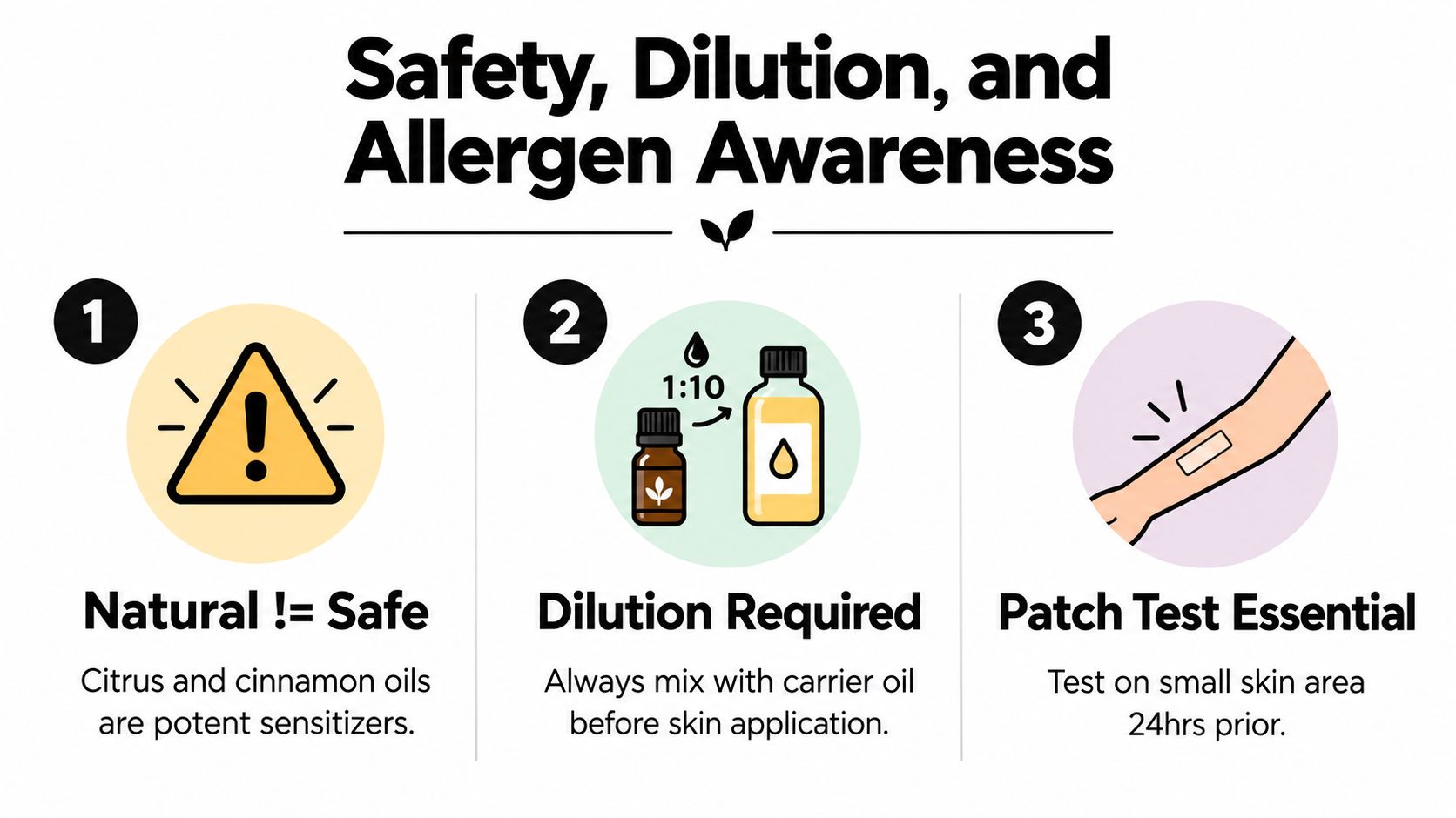 An infographic titled Safety, Dilution, and Allergen Awareness featuring tips on using essential oils safely.