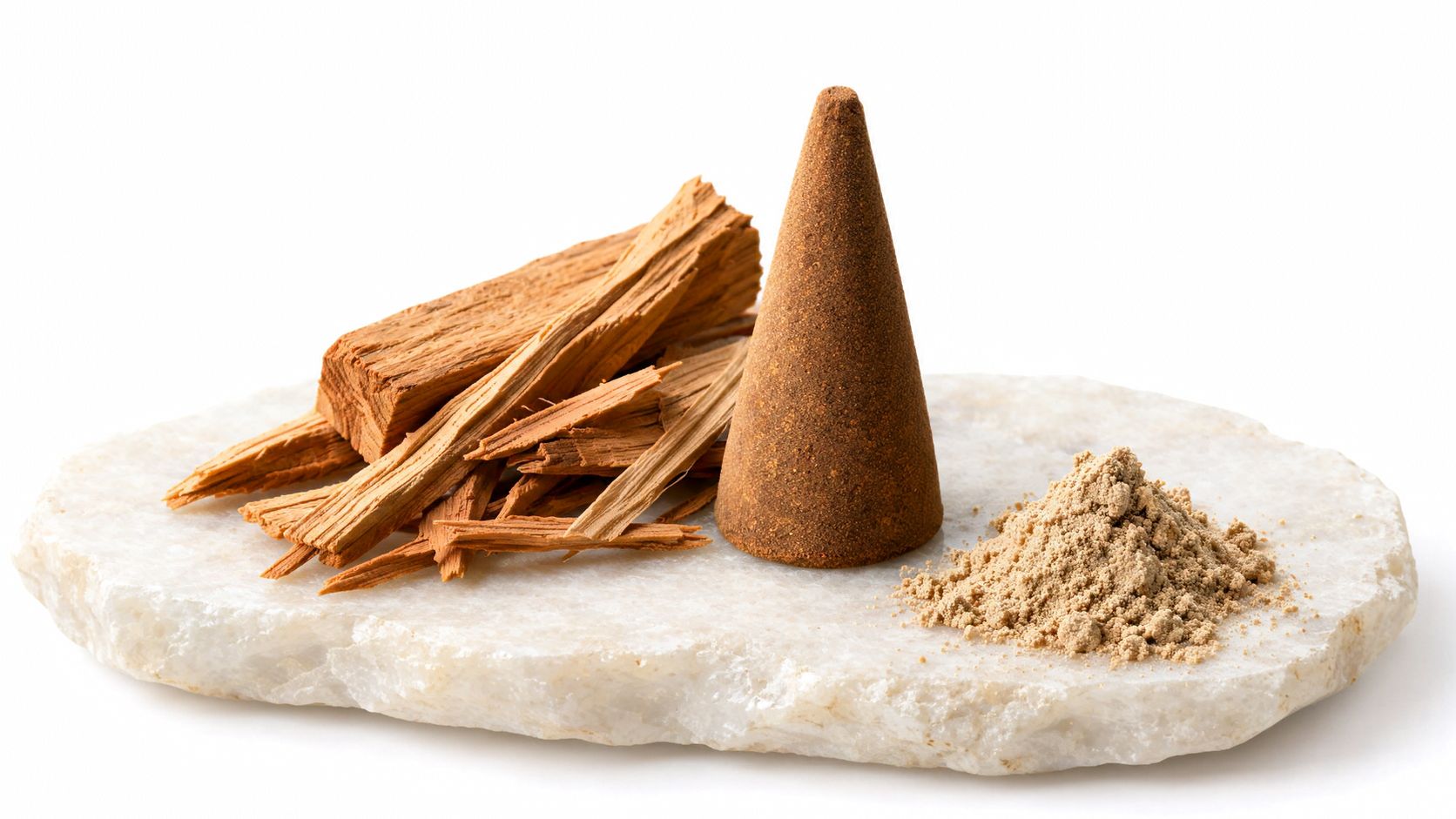 Sandalwood incense cone with wood chips and powder arranged on a decorative natural stone slab
