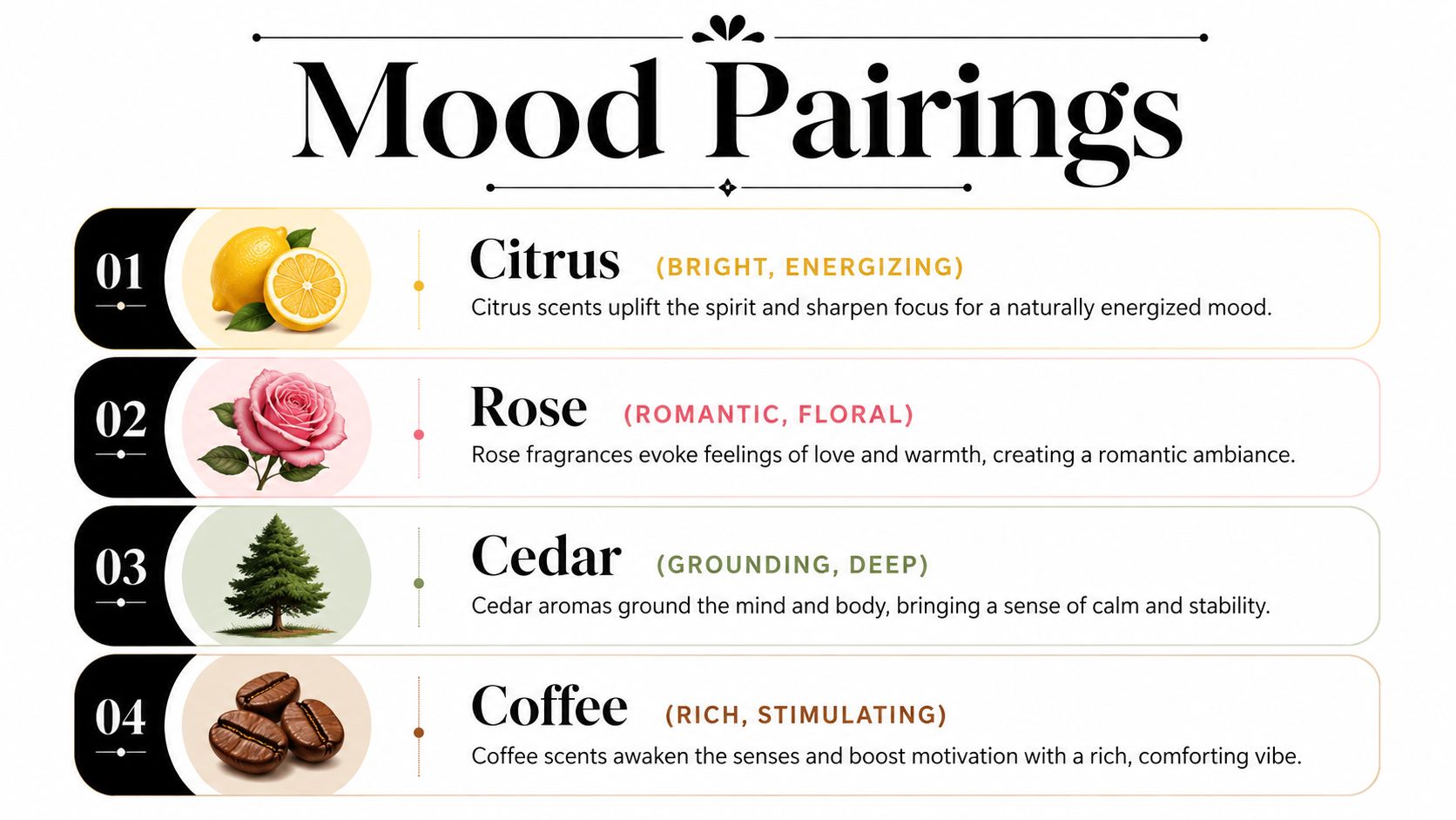 A list of four mood pairings with fragrance descriptions including citrus, rose, cedar, and coffee scents.