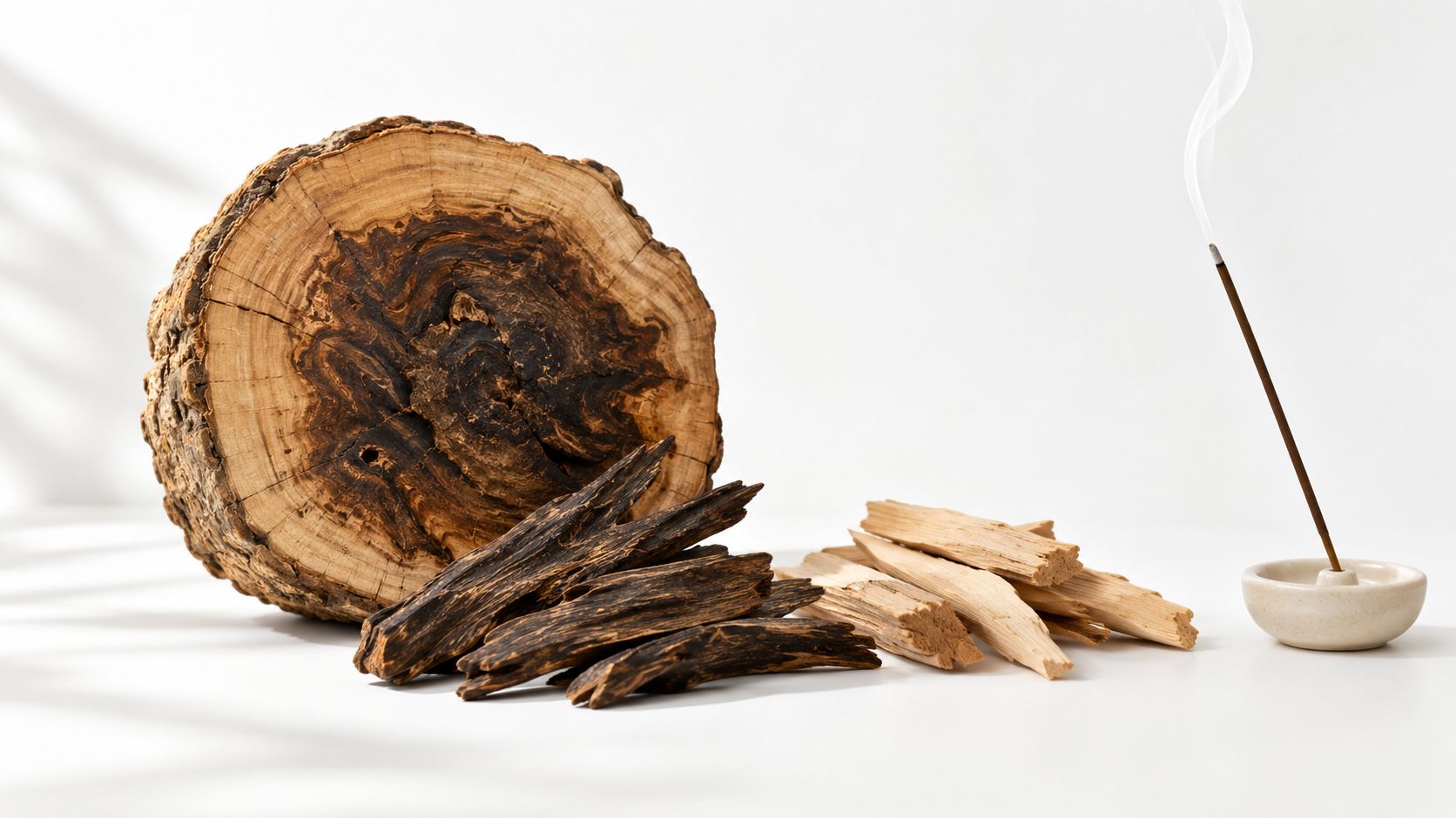 A natural agarwood log piece, scattered dark oud wood chips, lighter wood sticks, and a burning incense stick.