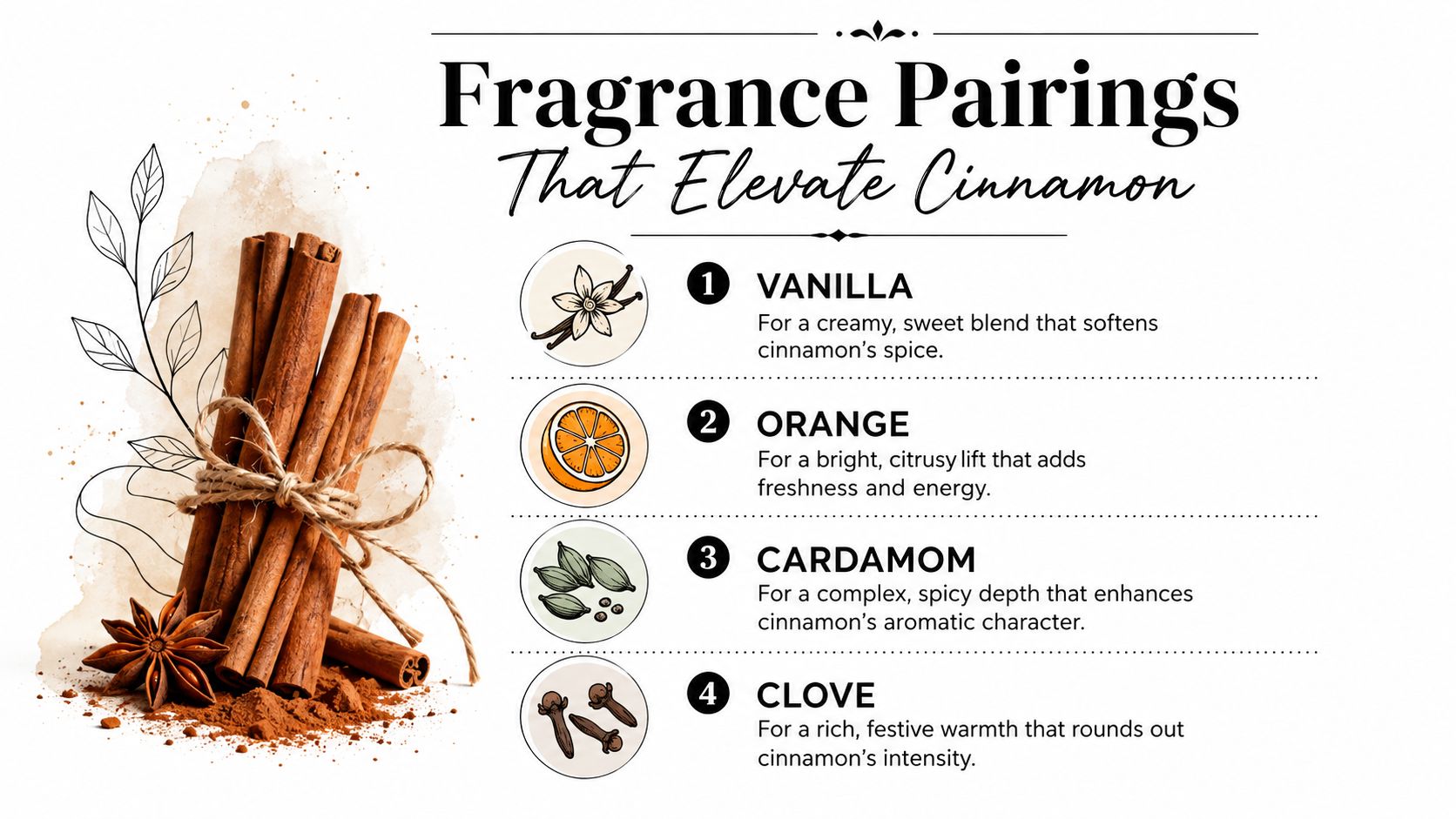 An infographic displaying four fragrance pairings that complement cinnamon, including vanilla, orange, cardamom, and clove.