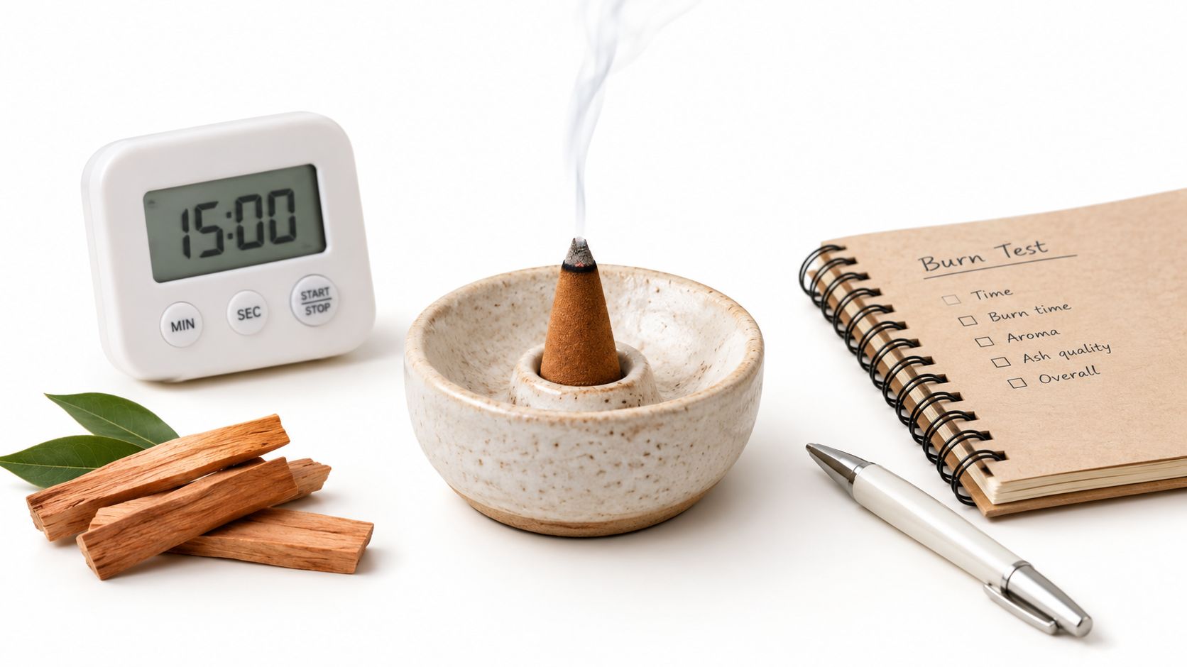 A burning sandalwood incense cone in a ceramic holder with a timer, notepad, and wood sticks.