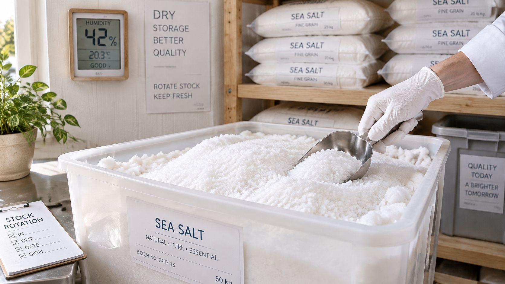 A gloved hand uses a metal scoop to retrieve sea salt from a large clear storage bin.