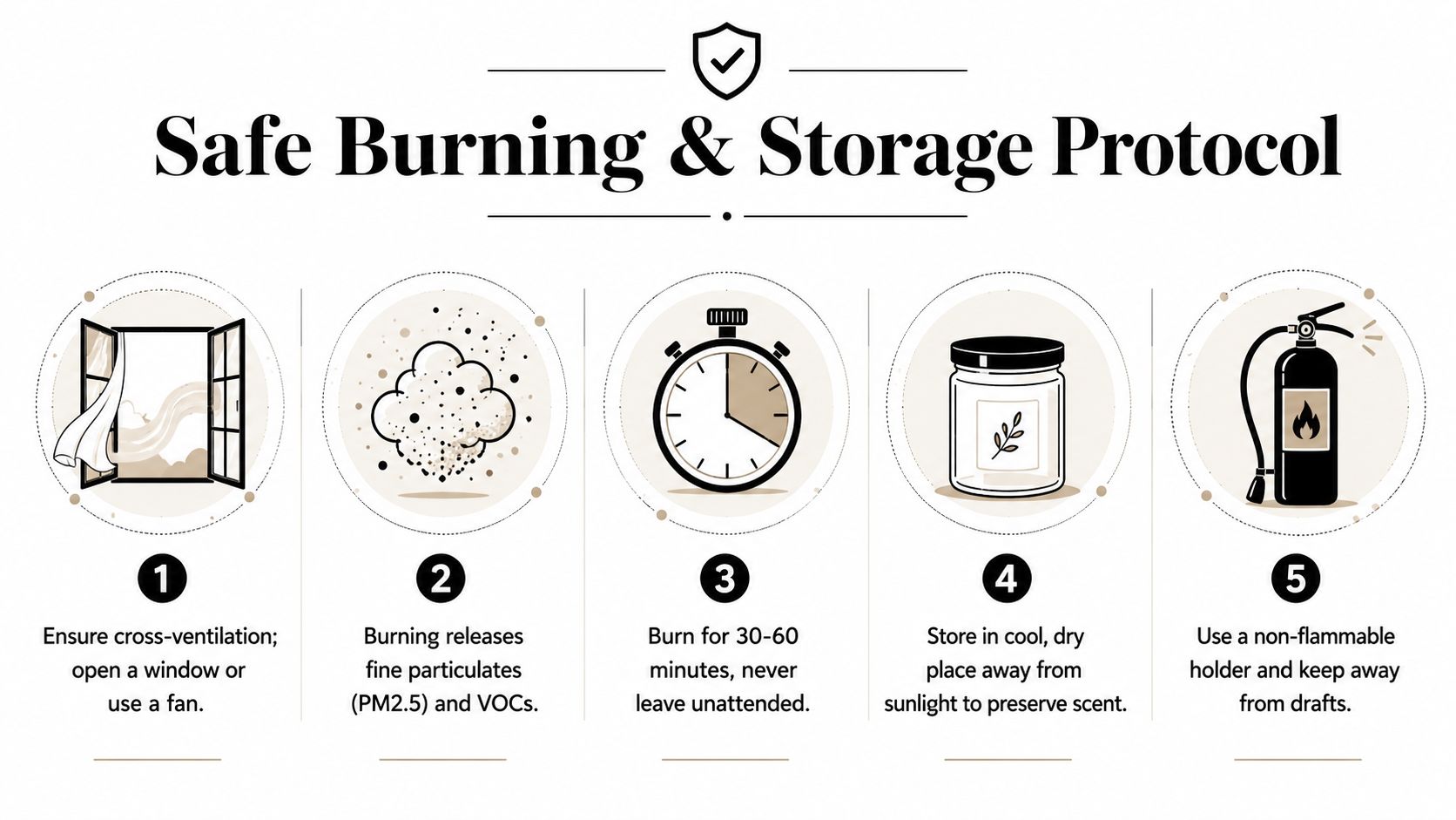 A safety infographic detailing five essential guidelines for the proper burning and storage of incense.