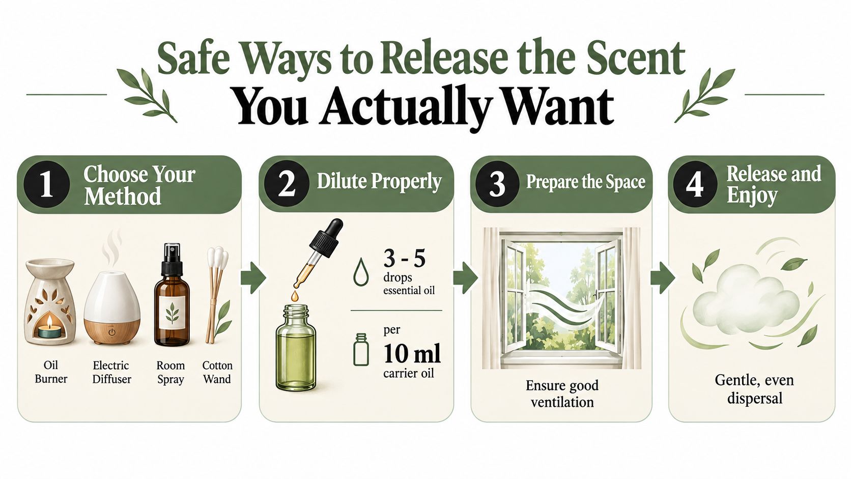 An infographic showing four steps for safely releasing scent with essential oils, including dilution and ventilation.