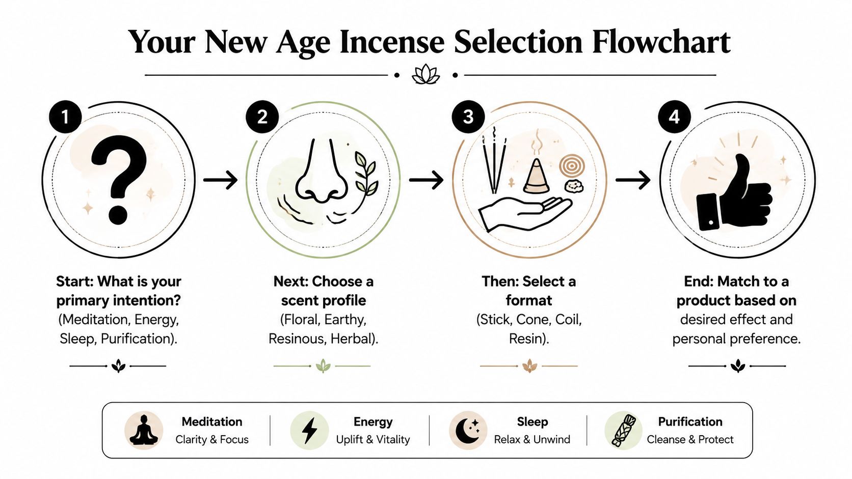 A four-step flowchart explaining how to select New Age incense based on intention, scent, and format.