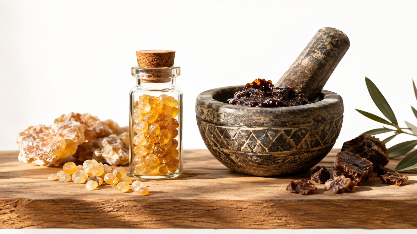 A glass jar filled with golden resin pearls next to a mortar and pestle with herbal paste.