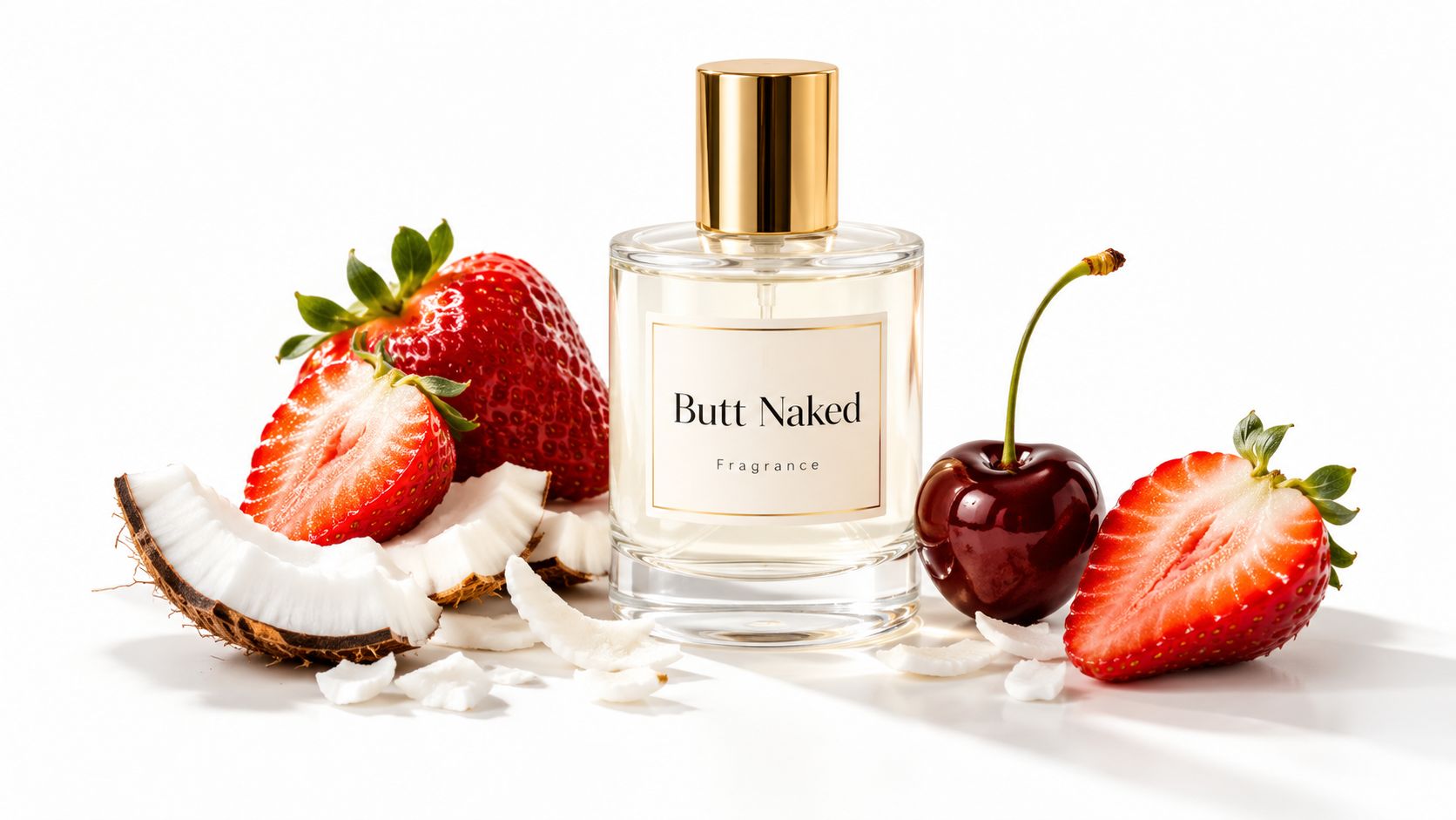 A glass perfume bottle labeled Butt Naked sits surrounded by fresh strawberries, coconut slices, and a cherry.