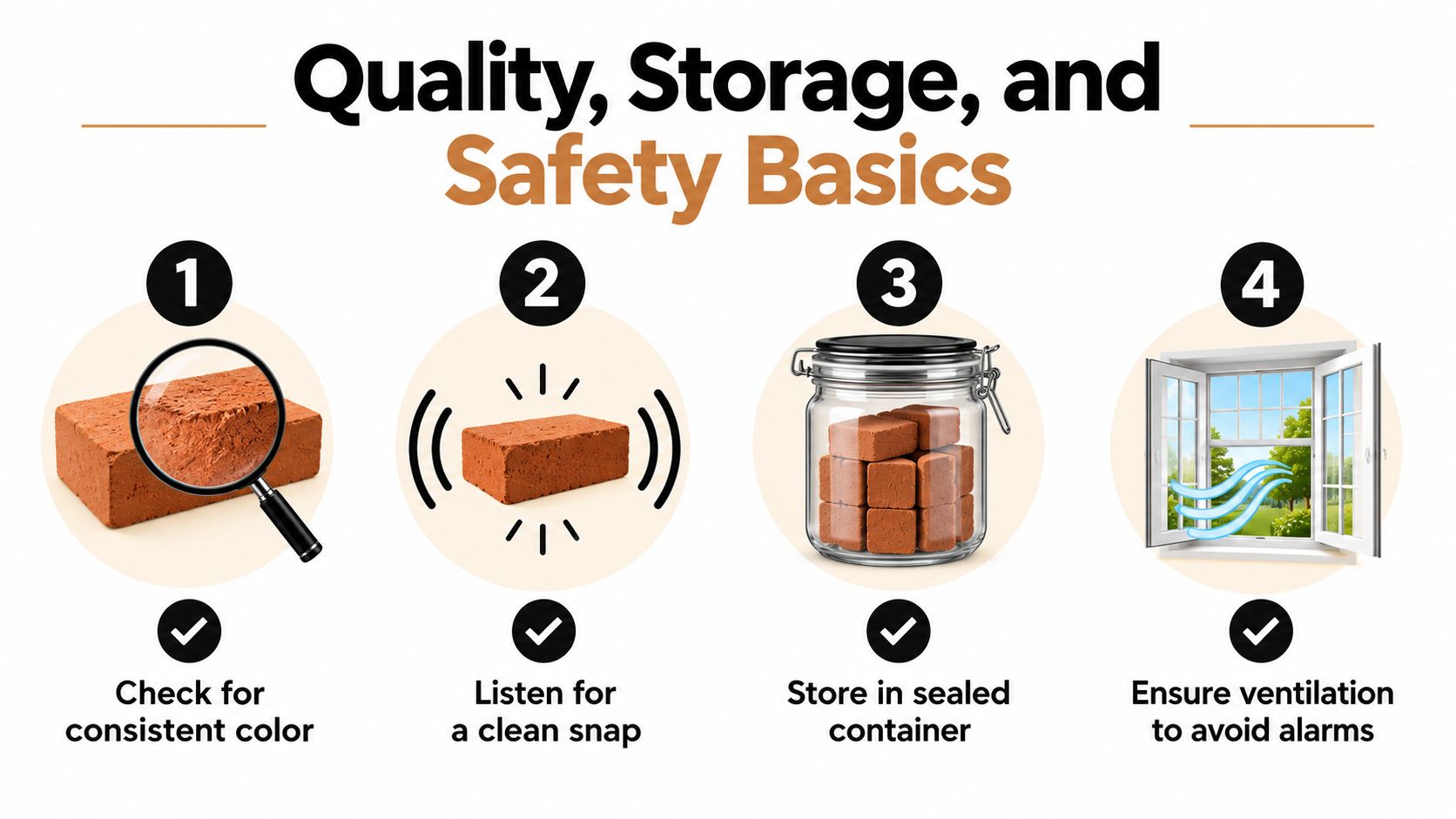 An infographic illustrating four basic steps for quality control, storage, and safety for Santa Fe incense bricks.