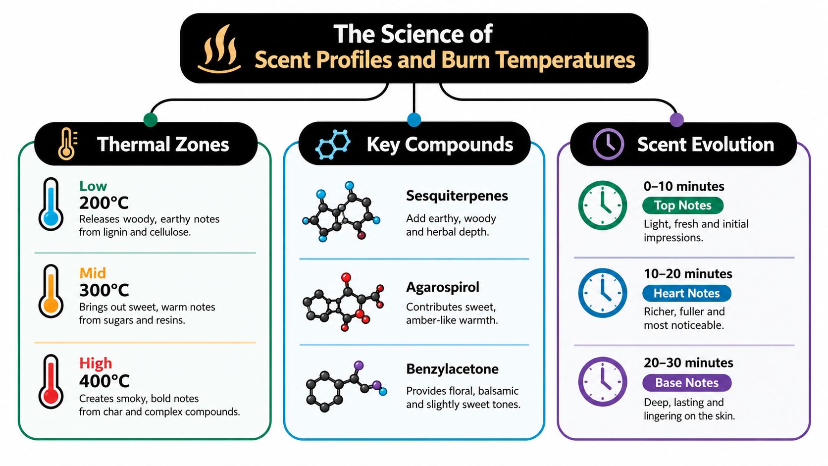 An infographic titled The Science of Scent Profiles and Burn Temperatures, showing thermal zones, chemical compounds, and scent evolution.