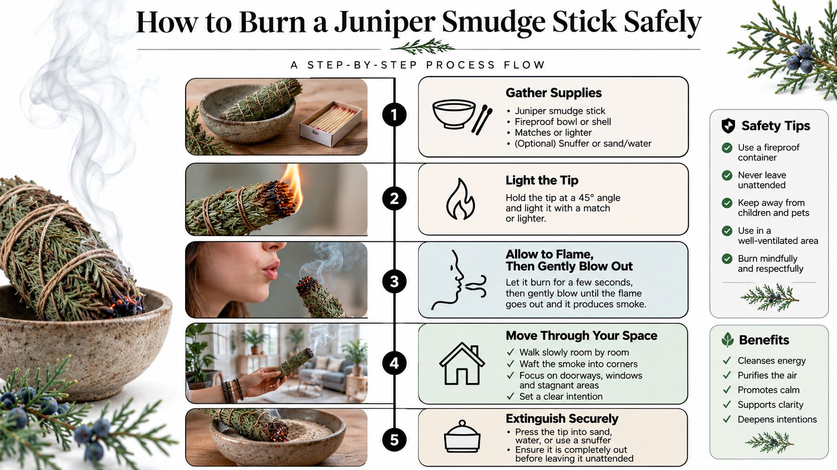 An infographic showing a step-by-step process on how to safely burn a juniper smudge stick.