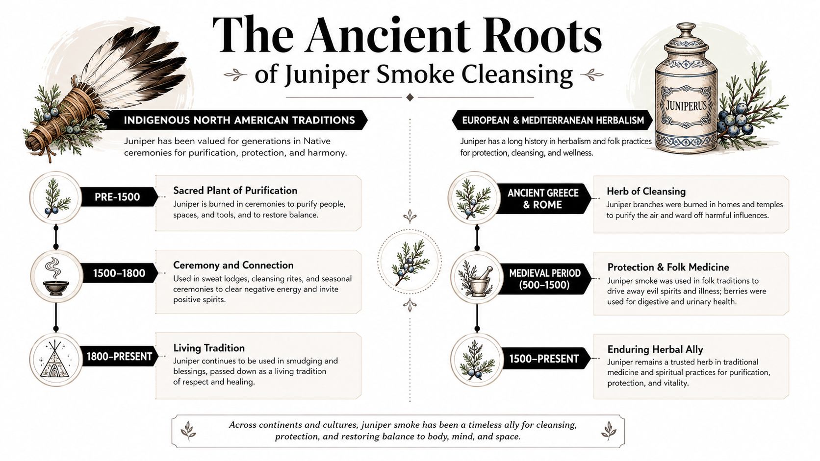 An infographic detailing the historical uses and cultural traditions of juniper smoke cleansing across different civilizations.