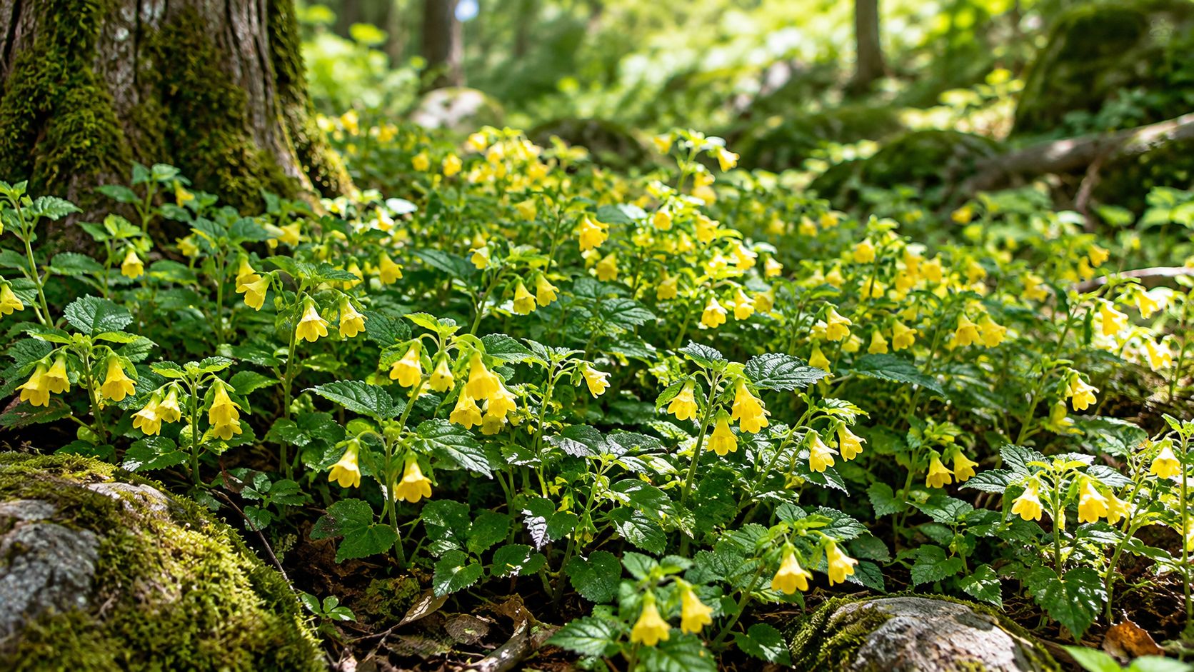 A carpet of small, vibrant yellow sage flowers blooming in a lush, sunlit forest floor near mossy trees.