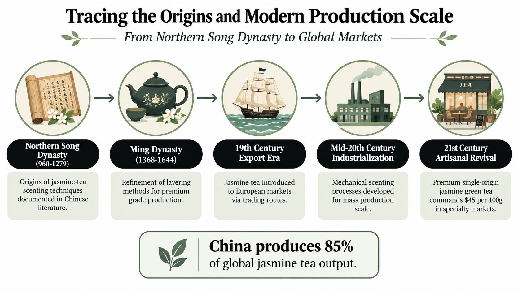 An infographic showing the historical evolution of jasmine green tea production from the Northern Song Dynasty to modern times.
