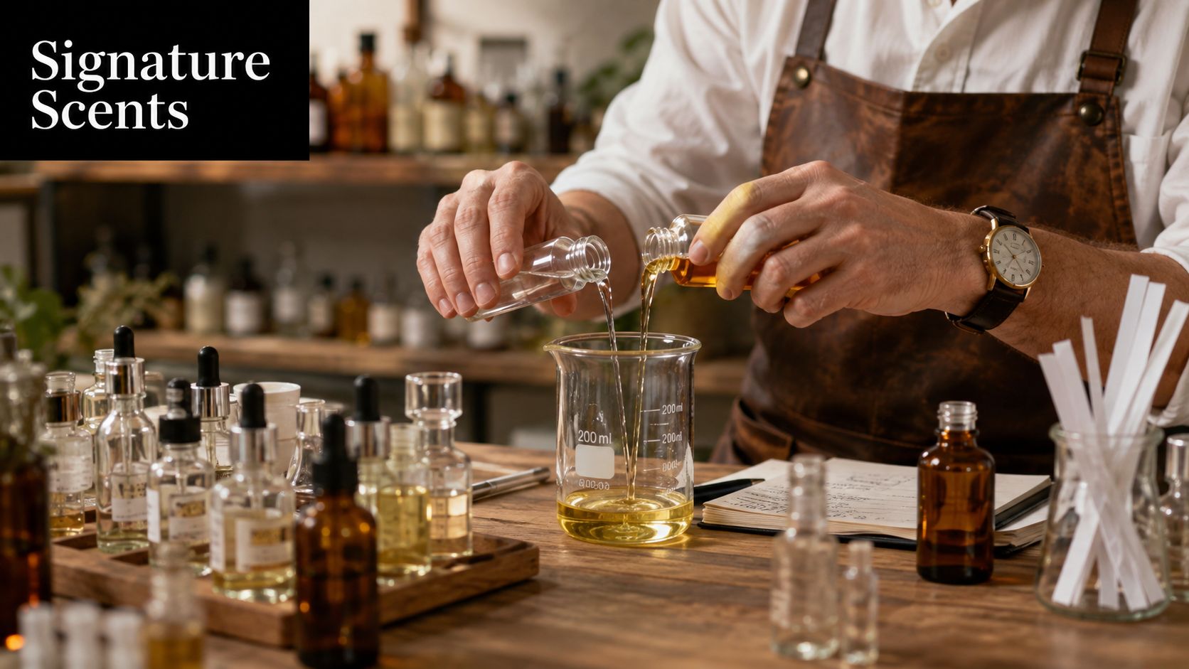 A professional perfumer carefully pouring scented oils into a glass beaker in a workshop setting.