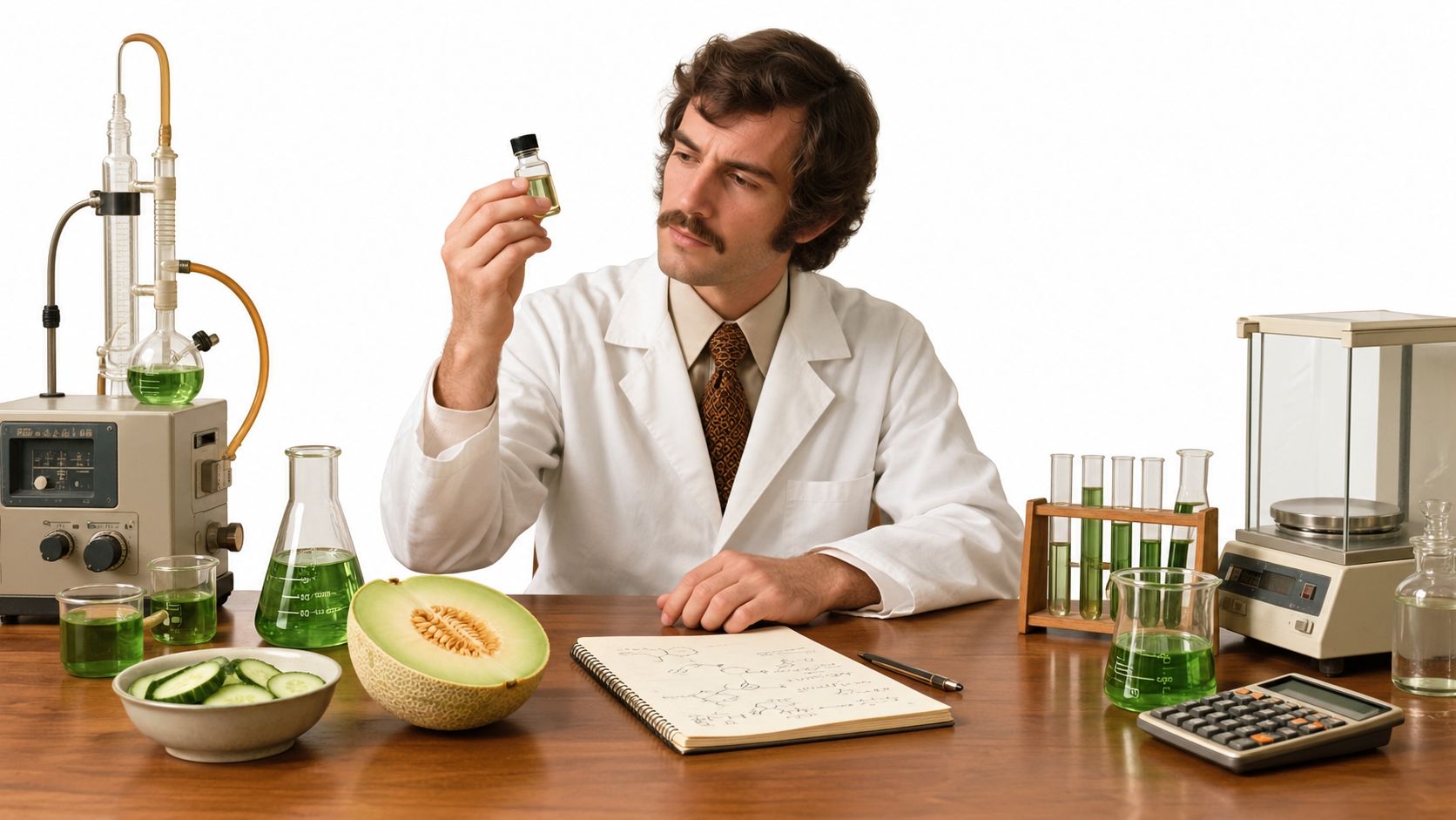 A vintage scientist with a mustache examines a small vial of cucumber melon fragrance oil in a lab.