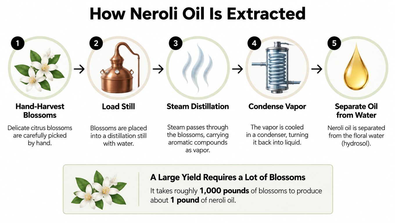 A step-by-step infographic showing how neroli oil is extracted from citrus blossoms through steam distillation process.