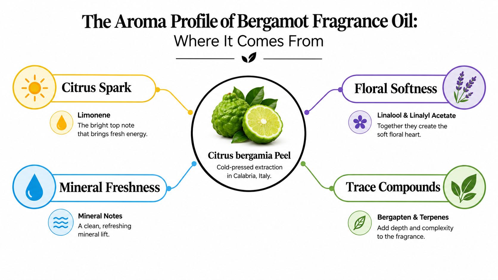 An infographic detailing the aroma profile and chemical composition of citrus bergamia peel fragrance oil.