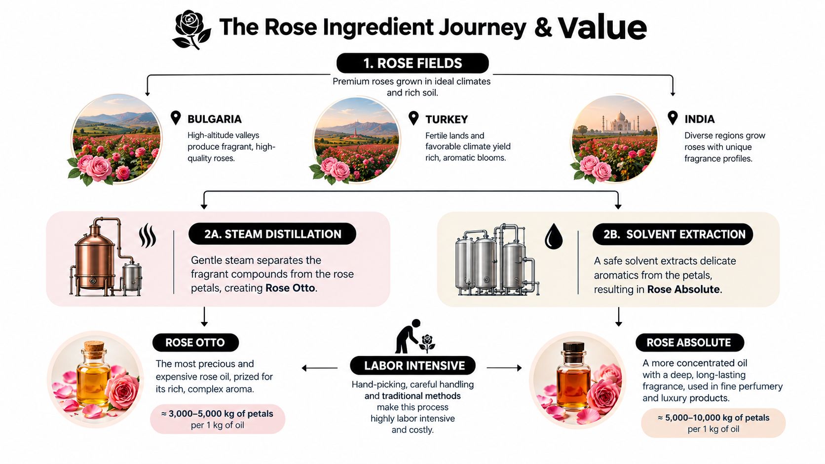 A diagram illustrating the production process of high-quality rose oil, from cultivation in fields to distillation methods.
