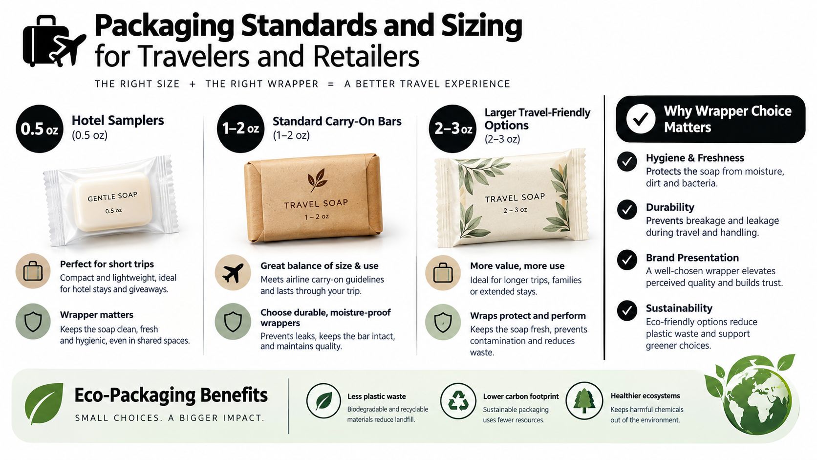 An infographic detailing travel size bar soap packaging standards, sizes, and eco-friendly benefits for retailers.