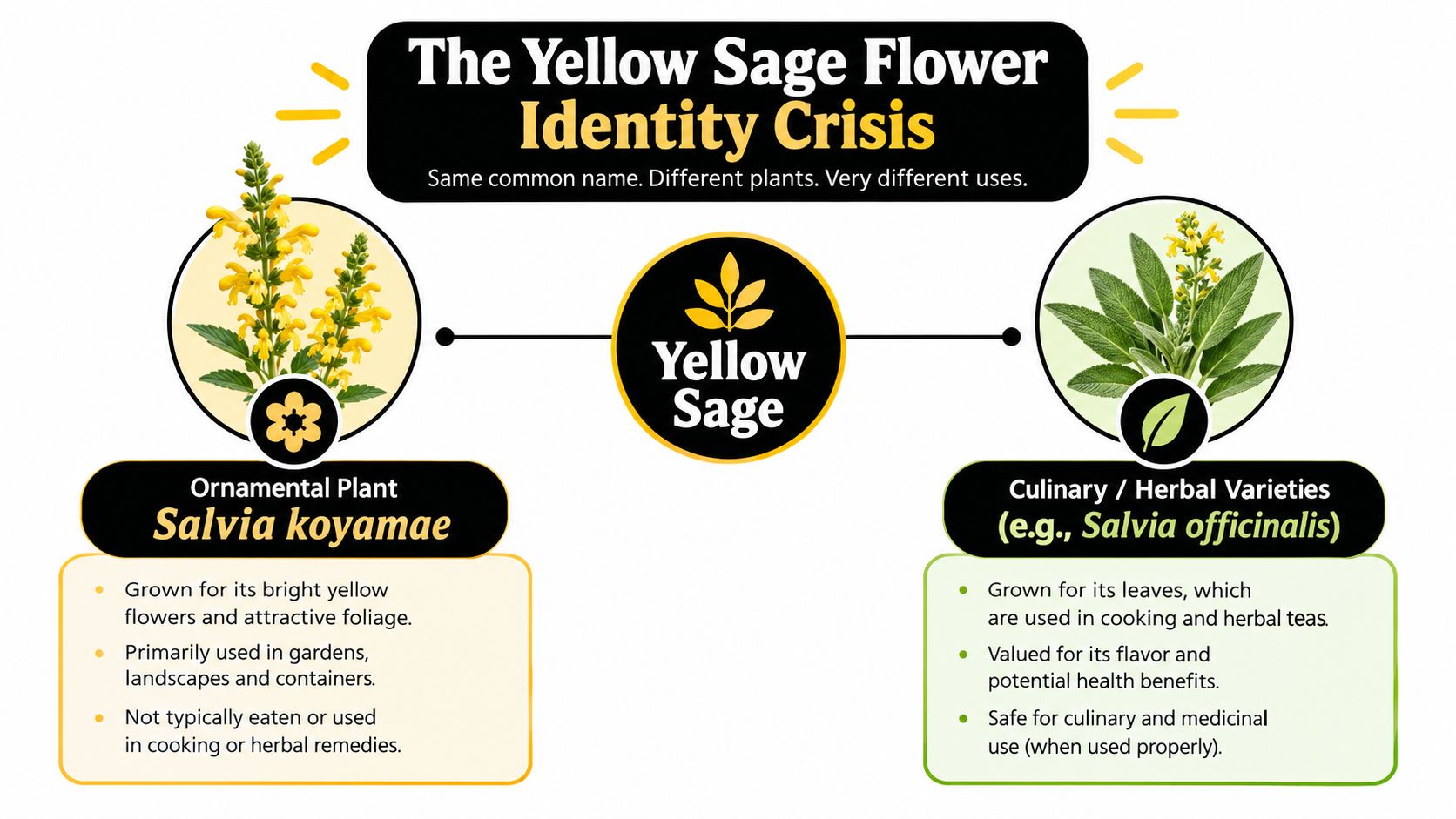 An infographic showing the difference between Salvia koyamae ornamental plants and culinary Salvia officinalis yellow sage.