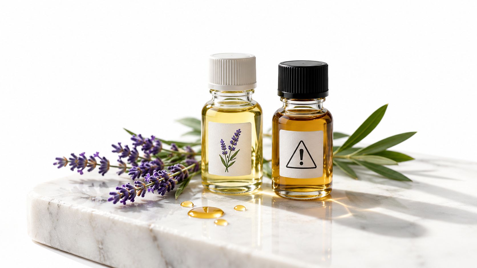Two small glass bottles of essential oil with lavender sprigs on a marble surface.