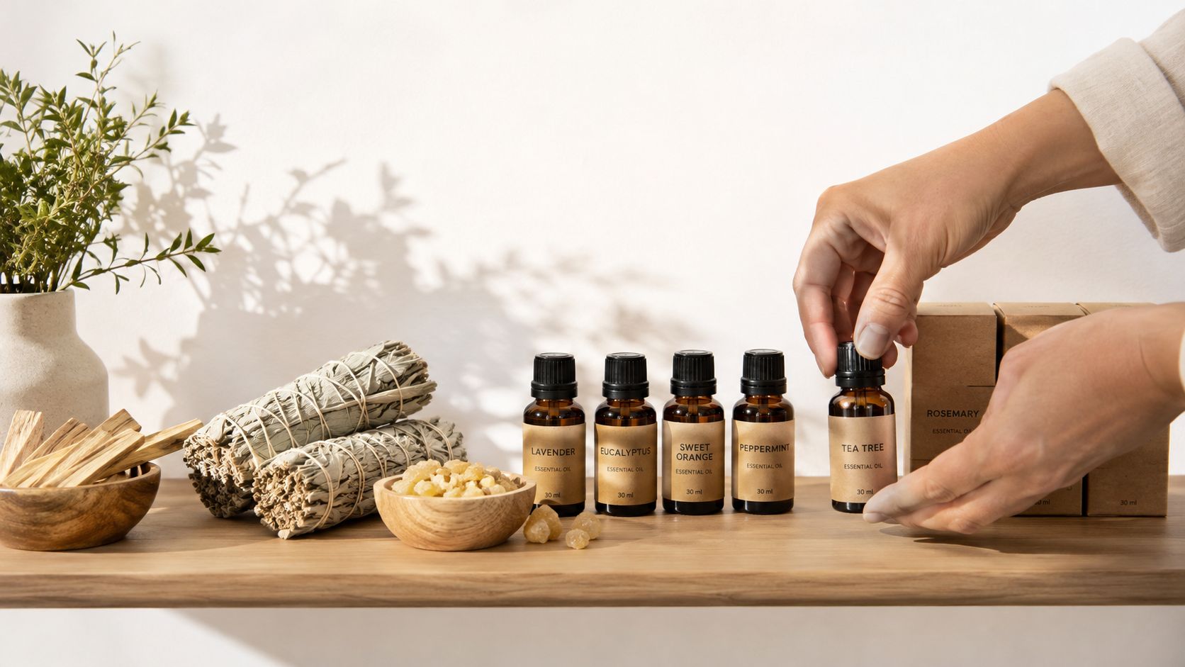 A person selecting a tea tree essential oil bottle from a wooden shelf with other ritual items.