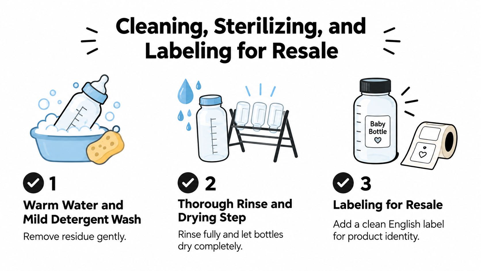 A three-step infographic showing how to clean, sterilize, and label baby bottles for resale purposes.