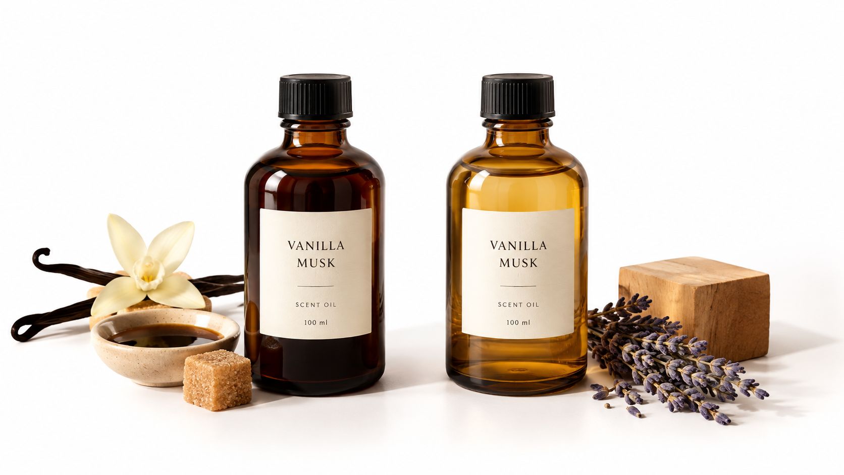 Two amber glass bottles of vanilla musk scent oil displayed with vanilla flowers and dried lavender sprigs.