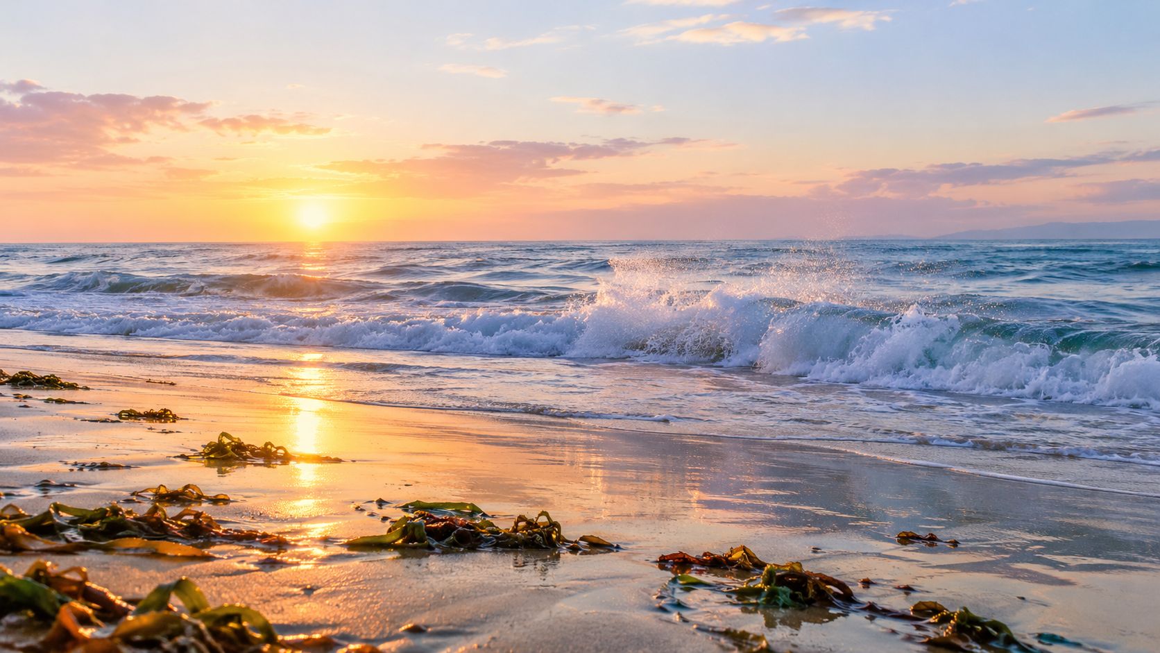 A serene sunset illuminates ocean waves crashing against a sandy beach covered in scattered seaweed.